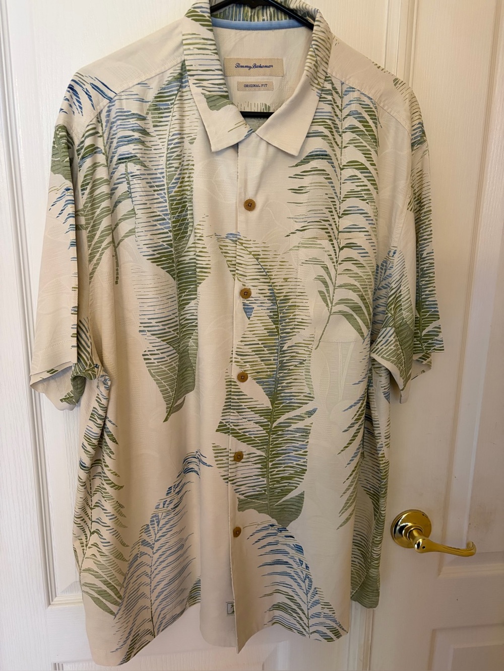 Tommy Bahama Leaf Print Camp Shirt in Cream & Green